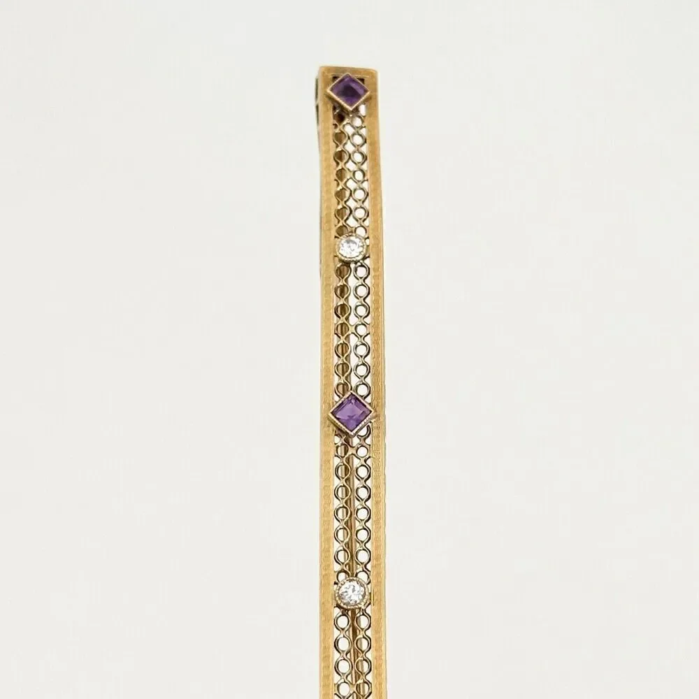 Antique 14K Solid Yellow Gold Intricate Detail Amethyst & Diamond Bar Brooch Pin